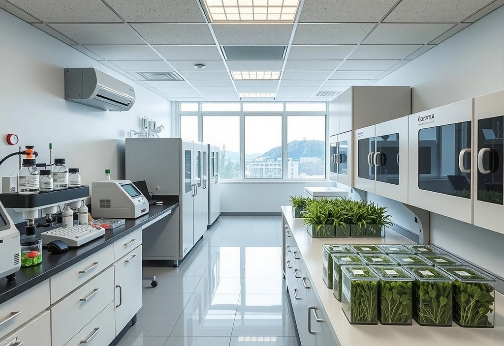 A sterile, modern laboratory setting with organic ingredients being tested, symbolizing rigorous quality control.