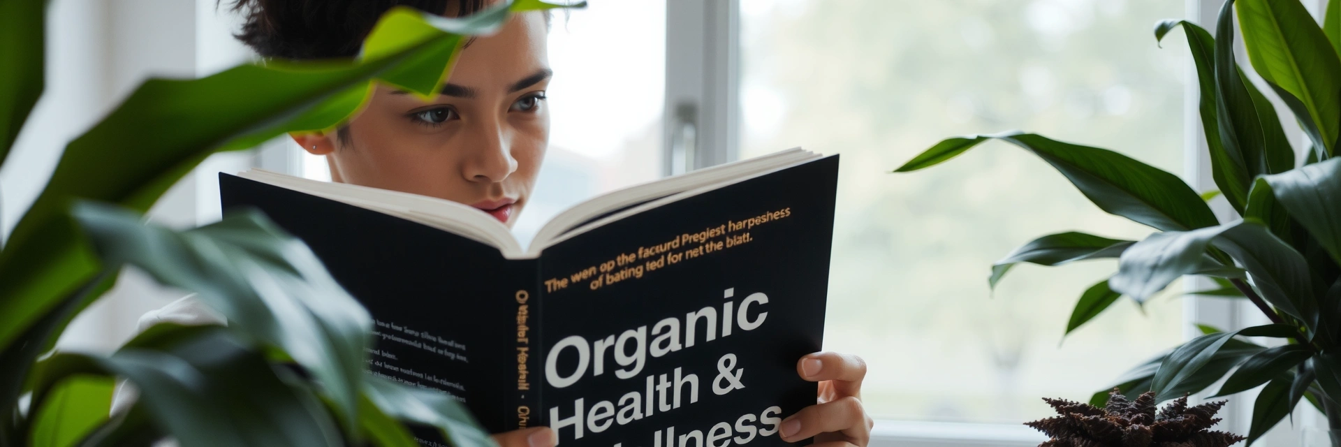 A serene image of a person reading a book about organic health, surrounded by lush green plants and natural light, symbolizing clarity and knowledge